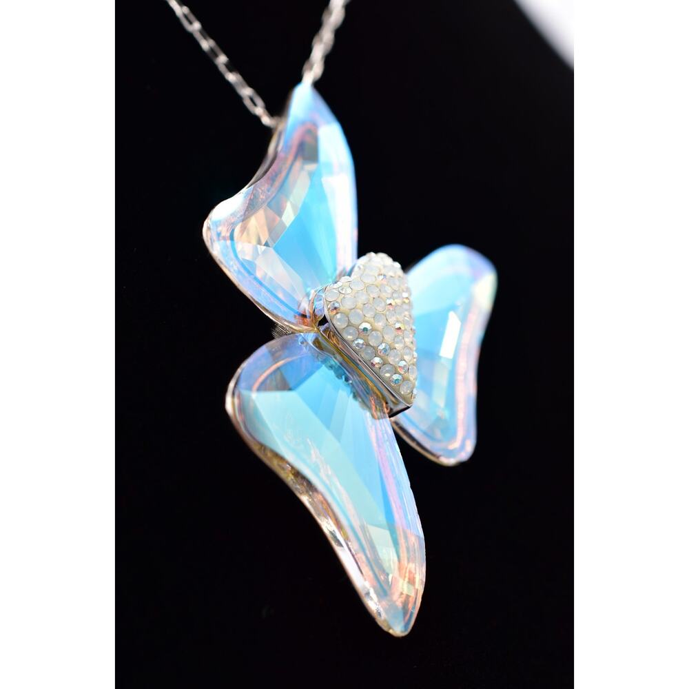 Swarovski Aurora Borealis Crystal Bow Pendant Necklace Silver Swan Signed Bin7B - Picture 6 of 12